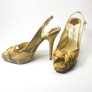 Vintage Jimmy Choo Brown Snakeskin Feminine Party Twist Peeptoe Pumps Size 37.5